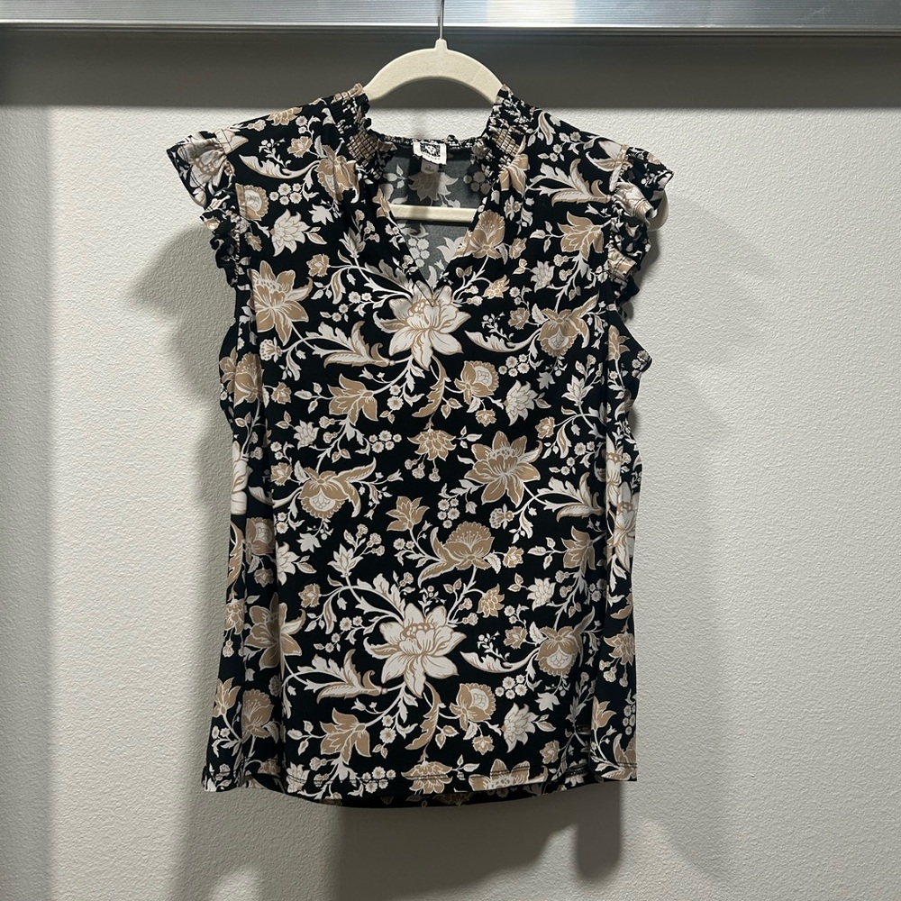 Anne Klein Black and Cream Floral Blouse